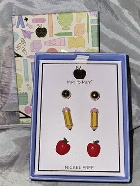 True to Form Teacher Pencil & Apple Earring Set - Red, Yellow, Pink Rt TL M
